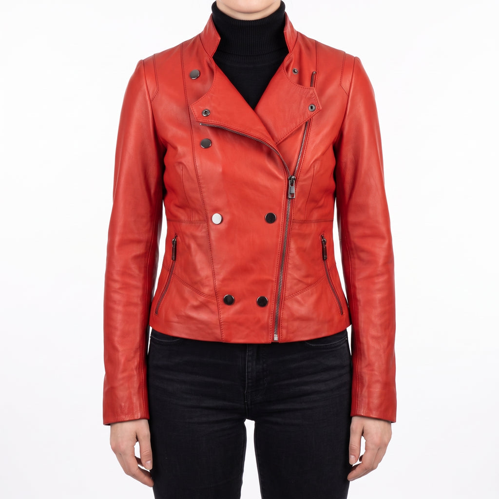Red Leather Moto Jacket - Women's Asymmetric Zip Biker Jacket
