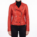 Red Leather Moto Jacket - Women's Asymmetric Zip Biker Jacket