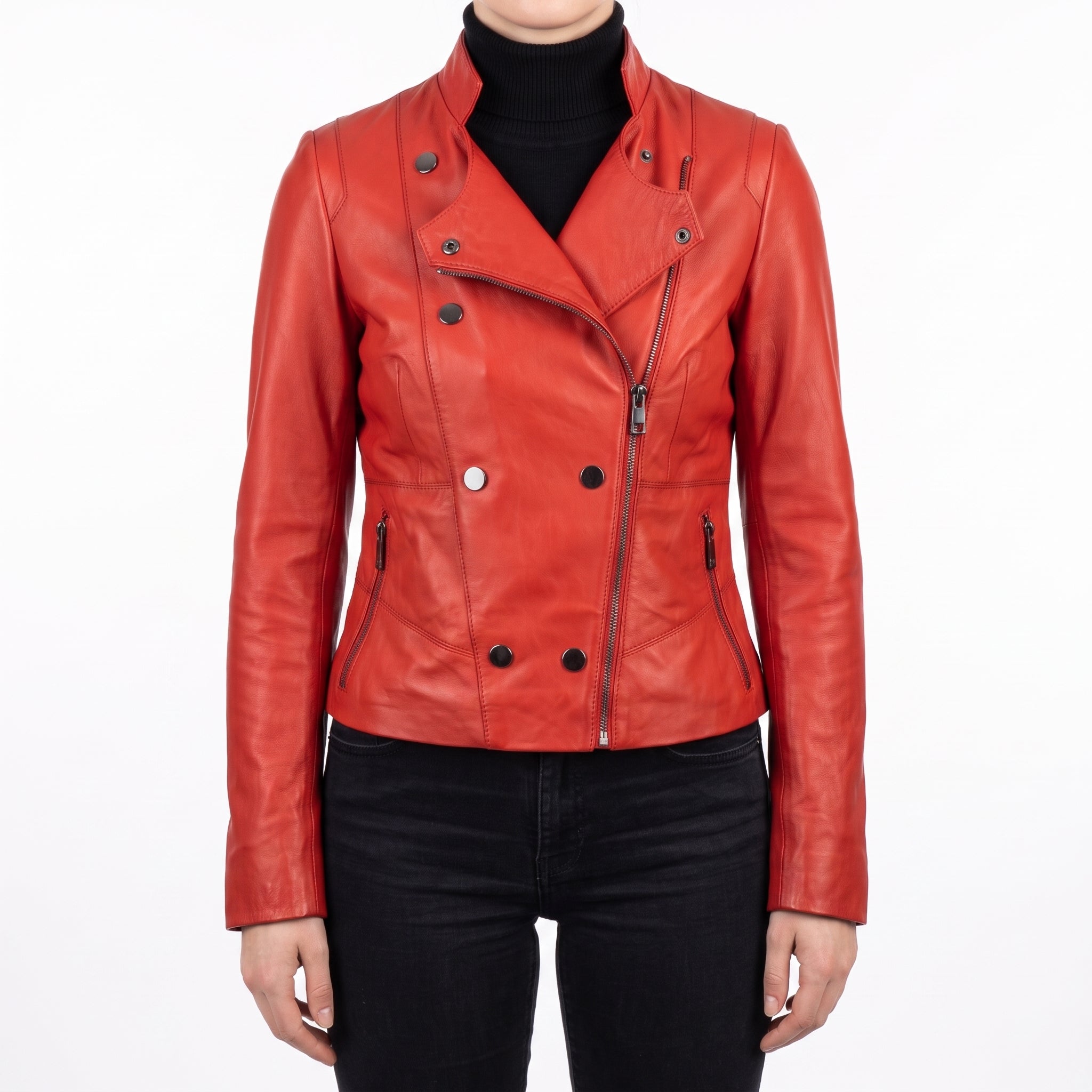 Red Leather Moto Jacket - Women's Asymmetric Zip Biker Jacket