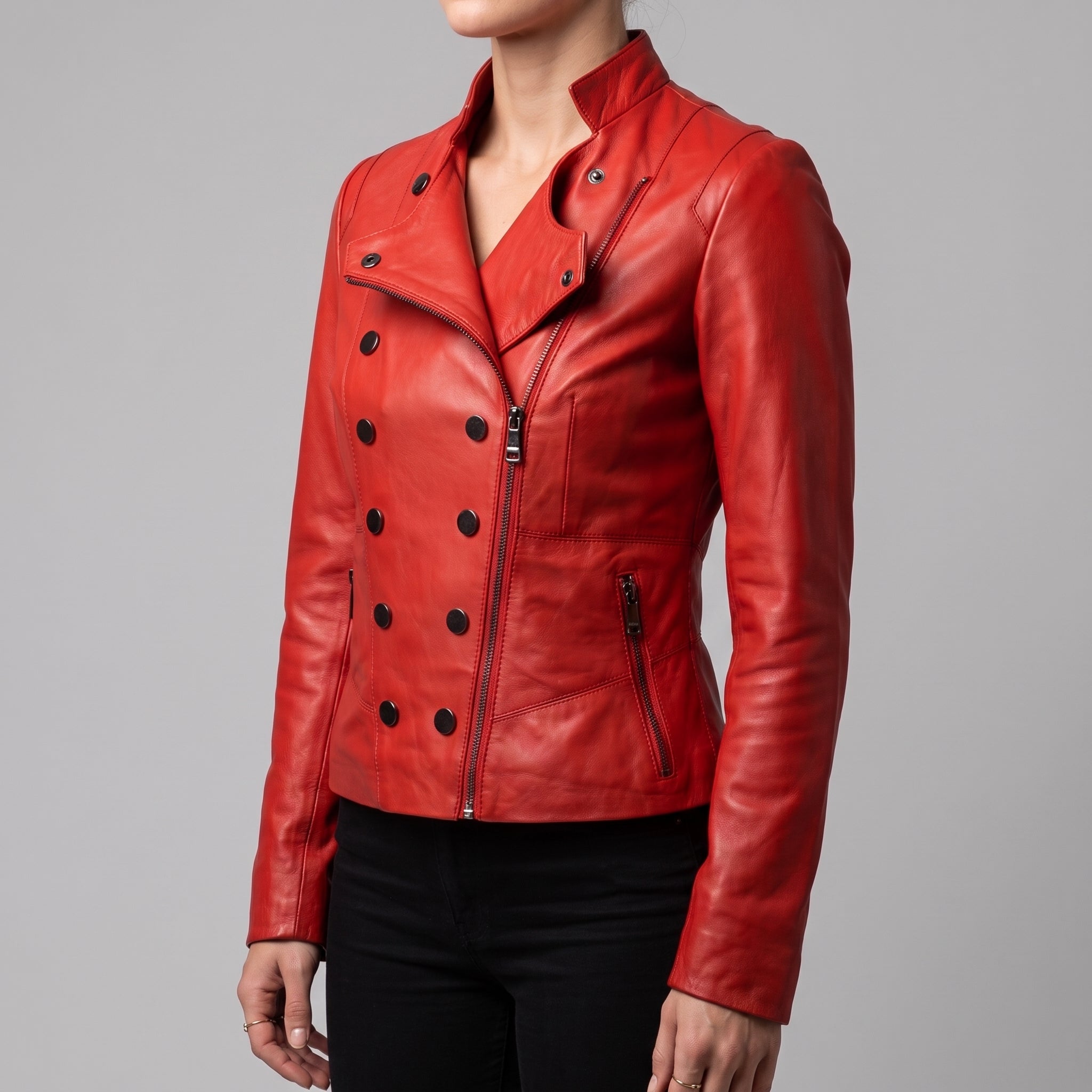 Red Leather Moto Jacket - Women's Asymmetric Zip Biker Jacket