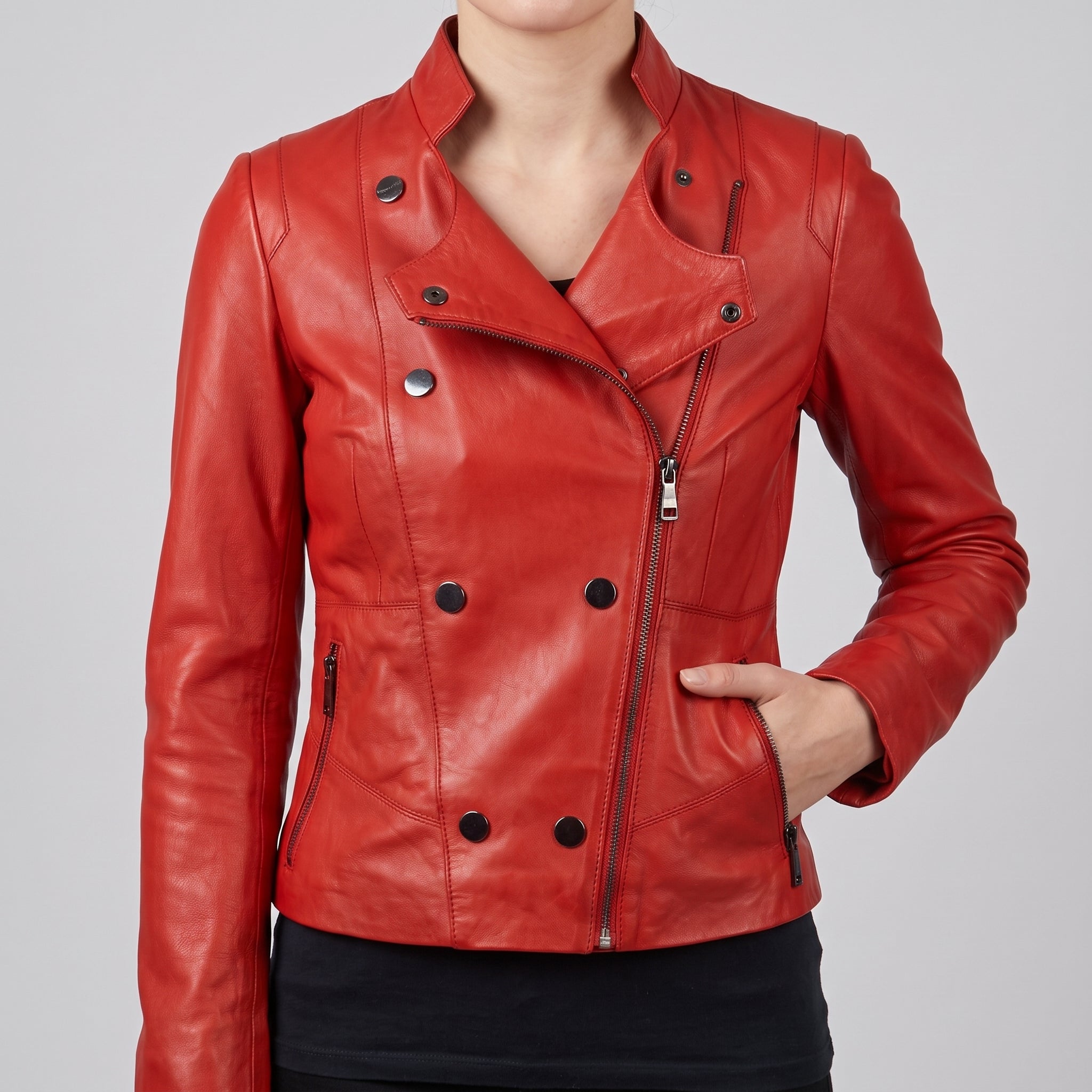 Red Leather Moto Jacket - Women's Asymmetric Zip Biker Jacket
