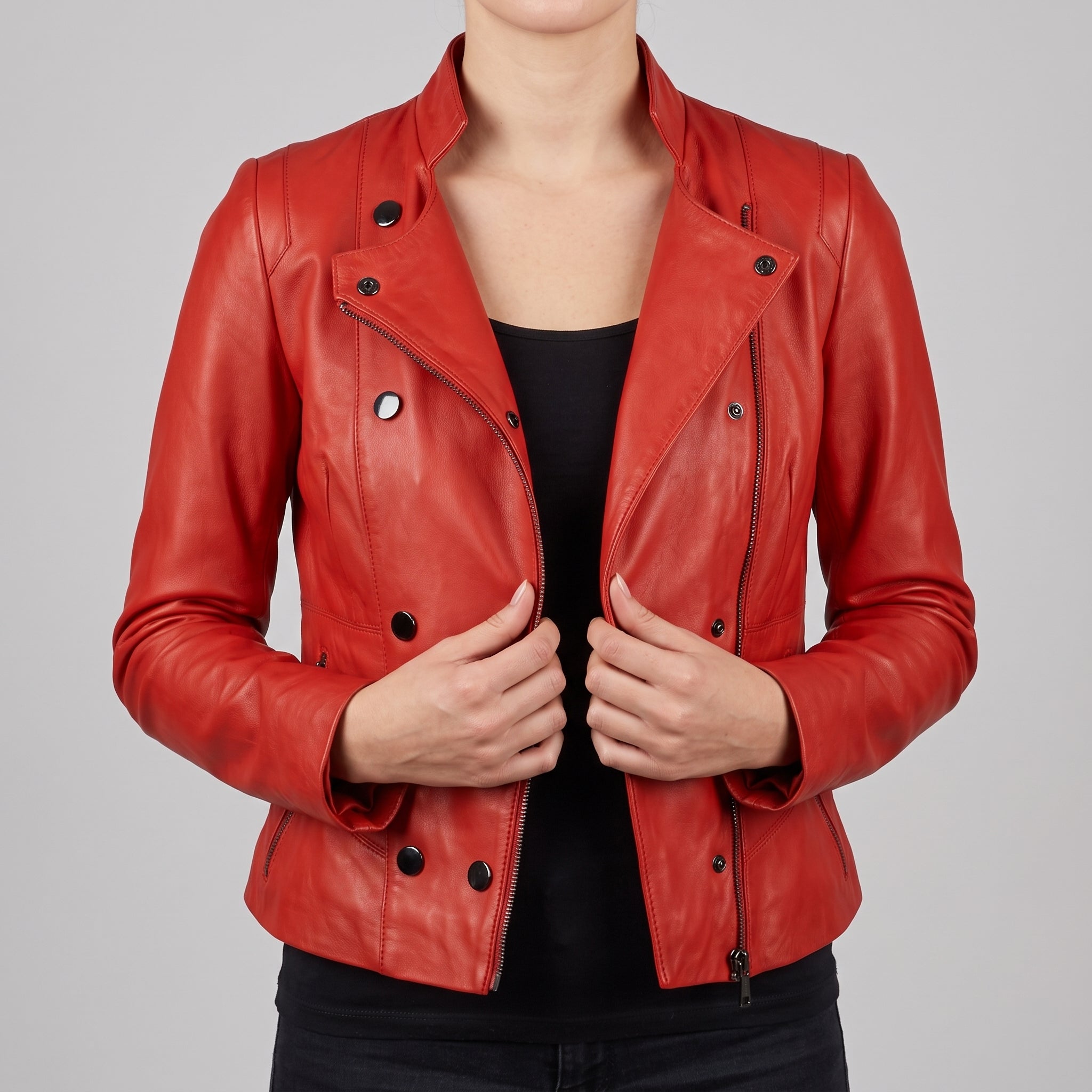 Red Leather Moto Jacket - Women's Asymmetric Zip Biker Jacket