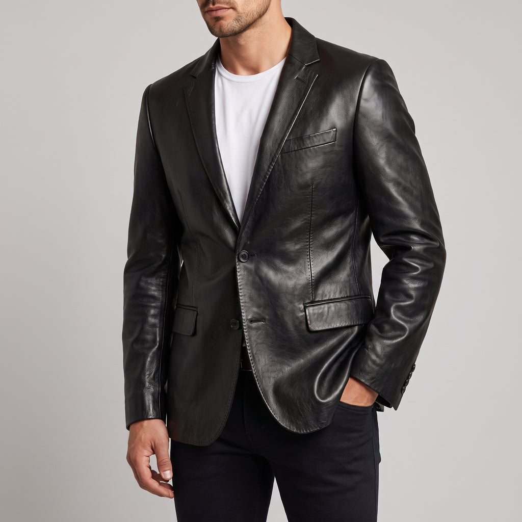 Men's Black Leather Tailored Blazer