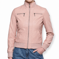 Blush Pink Faux Leather Bomber Jacket - Women's Ribbed Zip-Front Jacket