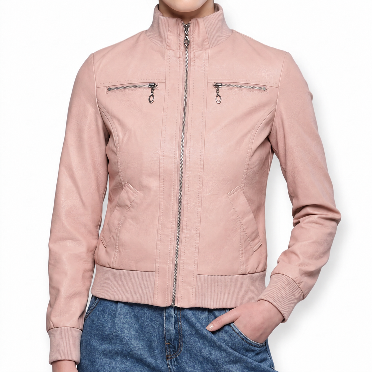 Blush Pink Faux Leather Bomber Jacket - Women's Ribbed Zip-Front Jacket
