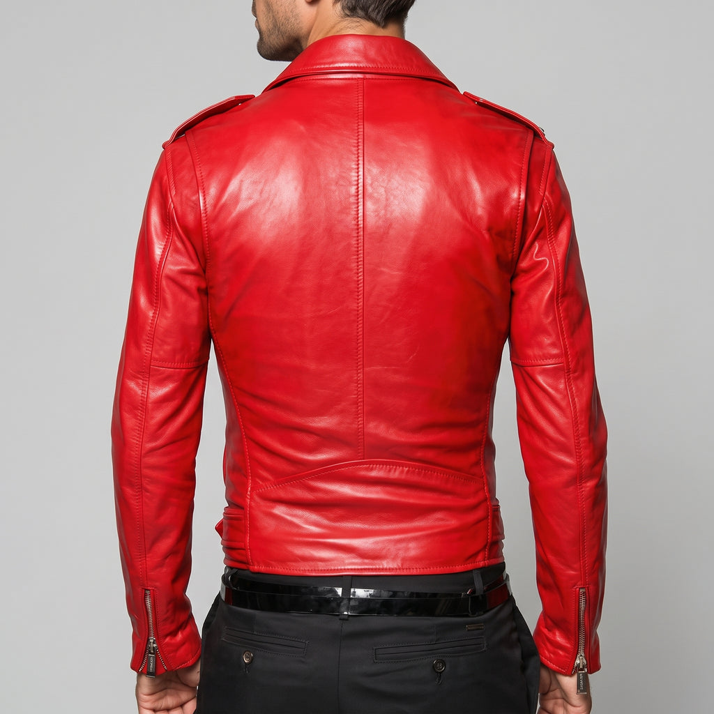 Men's Red Leather Biker Jacket - Genuine Leather Moto Jacket