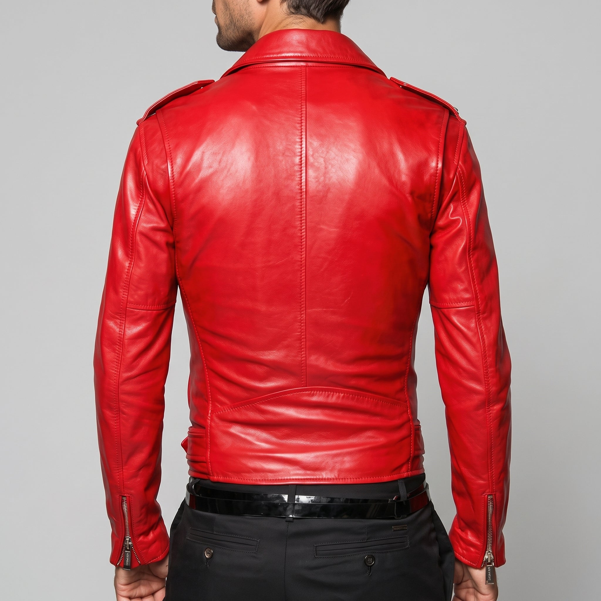 Men's Red Leather Biker Jacket - Genuine Leather Moto Jacket