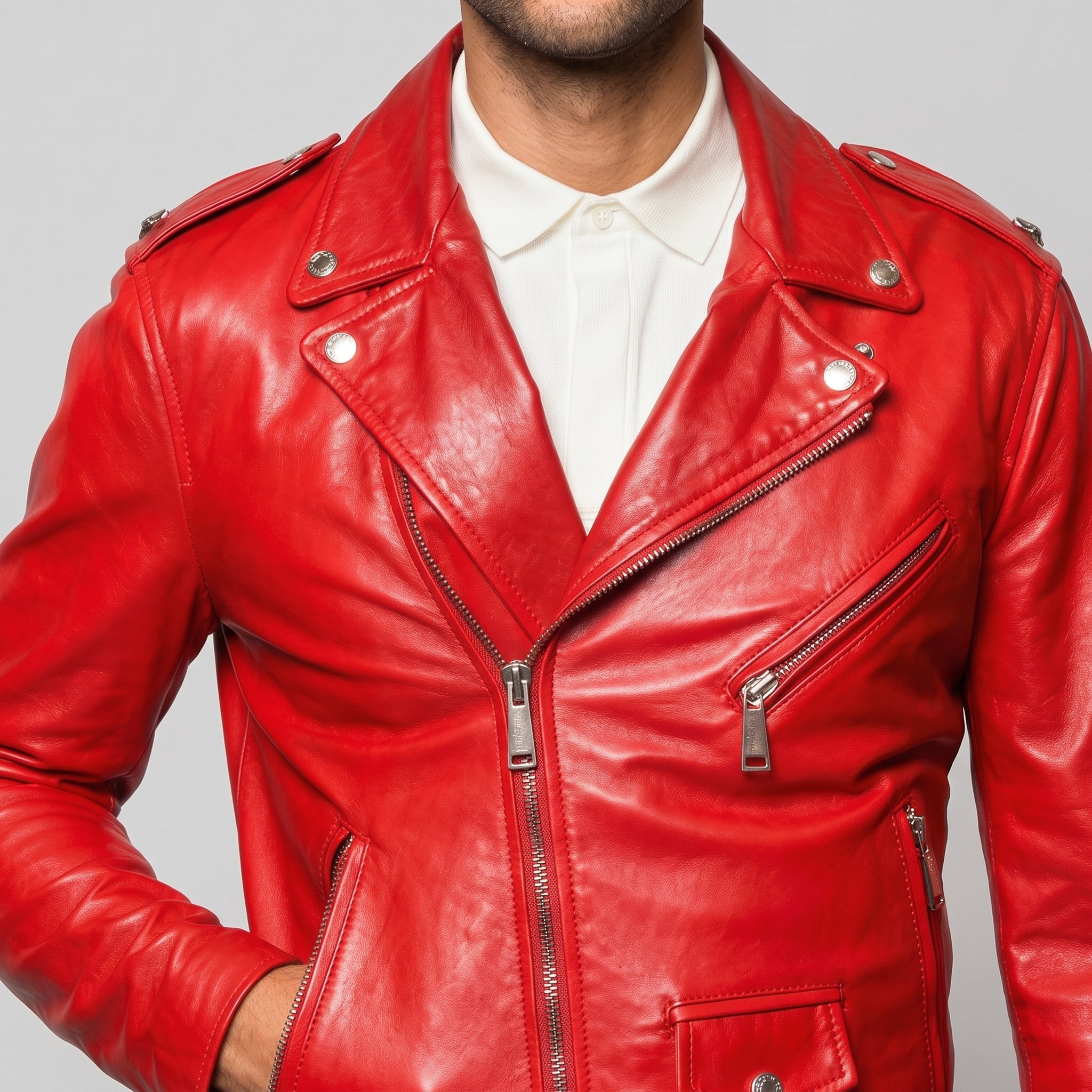 Men's Red Leather Biker Jacket - Genuine Leather Moto Jacket