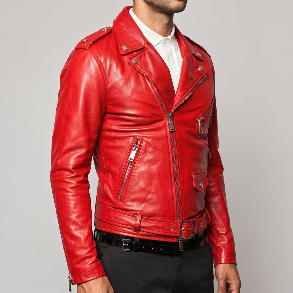 Men's Red Leather Biker Jacket - Genuine Leather Moto Jacket