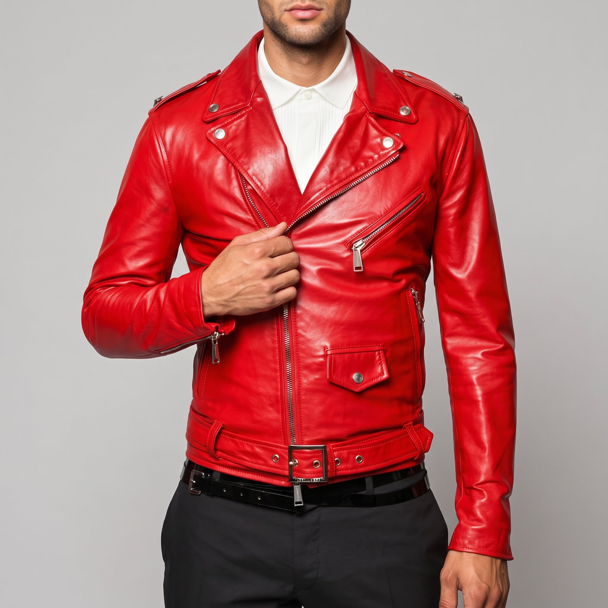 Men's Red Leather Biker Jacket - Genuine Leather Moto Jacket