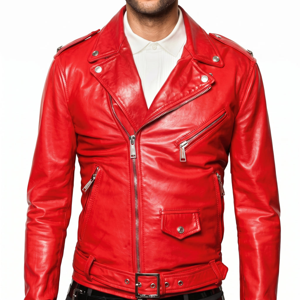 Men's Red Leather Biker Jacket - Genuine Leather Moto Jacket