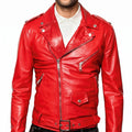 Men's Red Leather Biker Jacket - Genuine Leather Moto Jacket