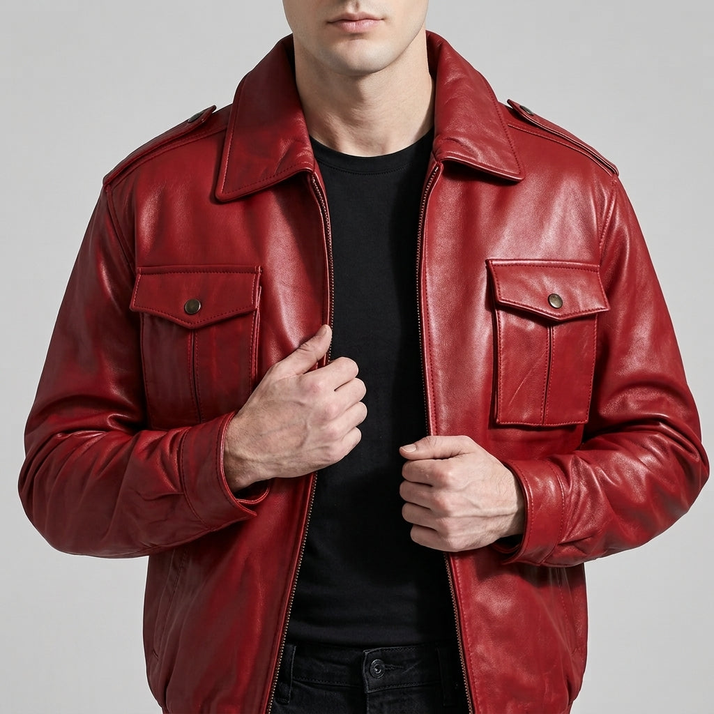 Men's Red Leather Bomber Jacket - Genuine Leather Aviator Jacket