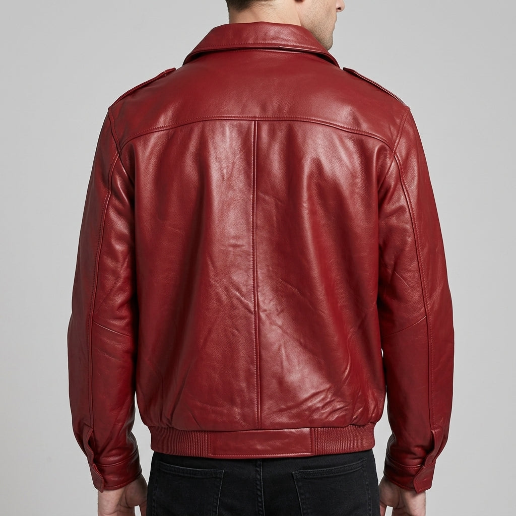Men's Red Leather Bomber Jacket - Genuine Leather Aviator Jacket