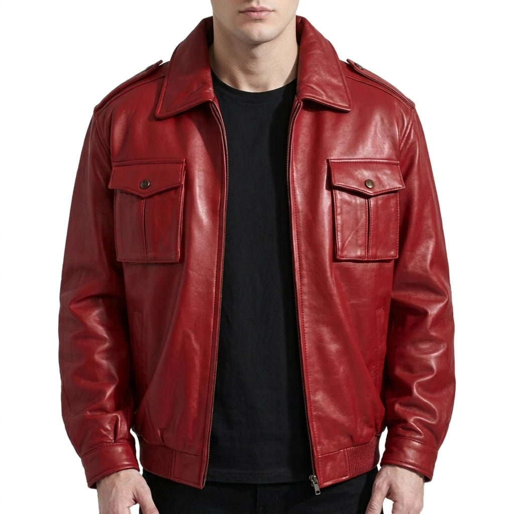 Men's Red Leather Bomber Jacket - Genuine Leather Aviator Jacket