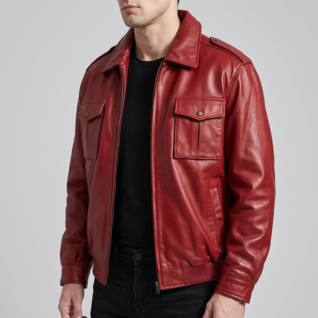 Men's Red Leather Bomber Jacket - Genuine Leather Aviator Jacket