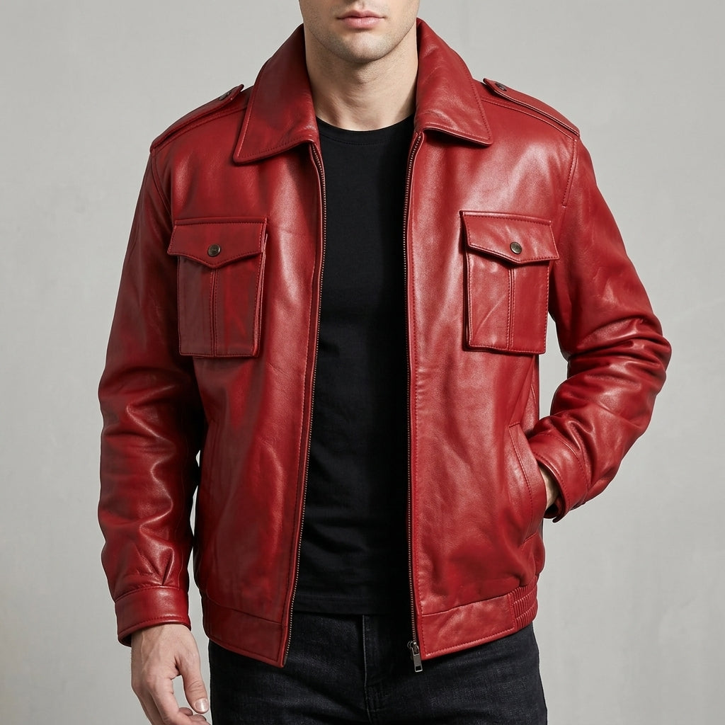 Men's Red Leather Bomber Jacket - Genuine Leather Aviator Jacket