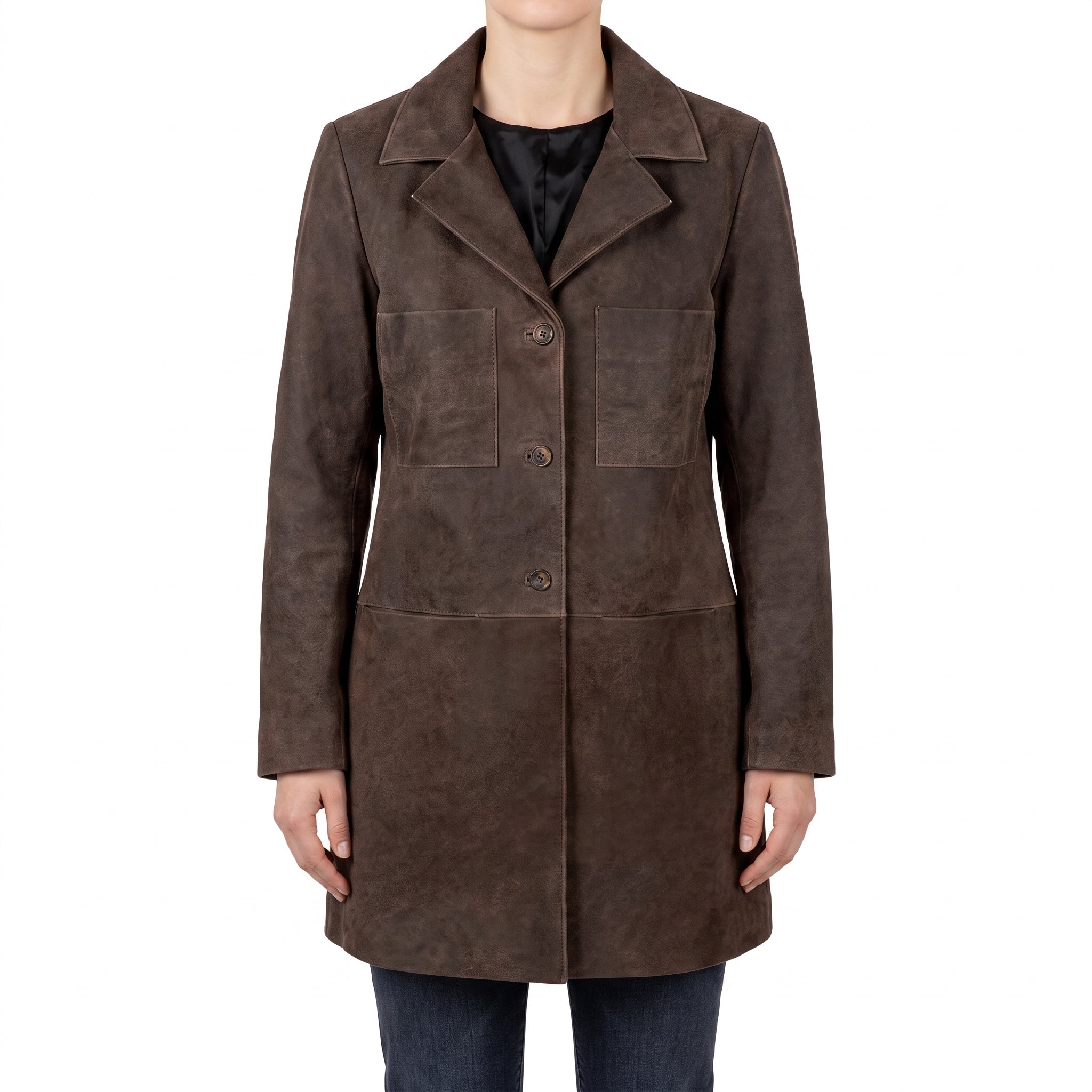Brown Suede Longline Coat - Women's Notch-Lapel Button Coat