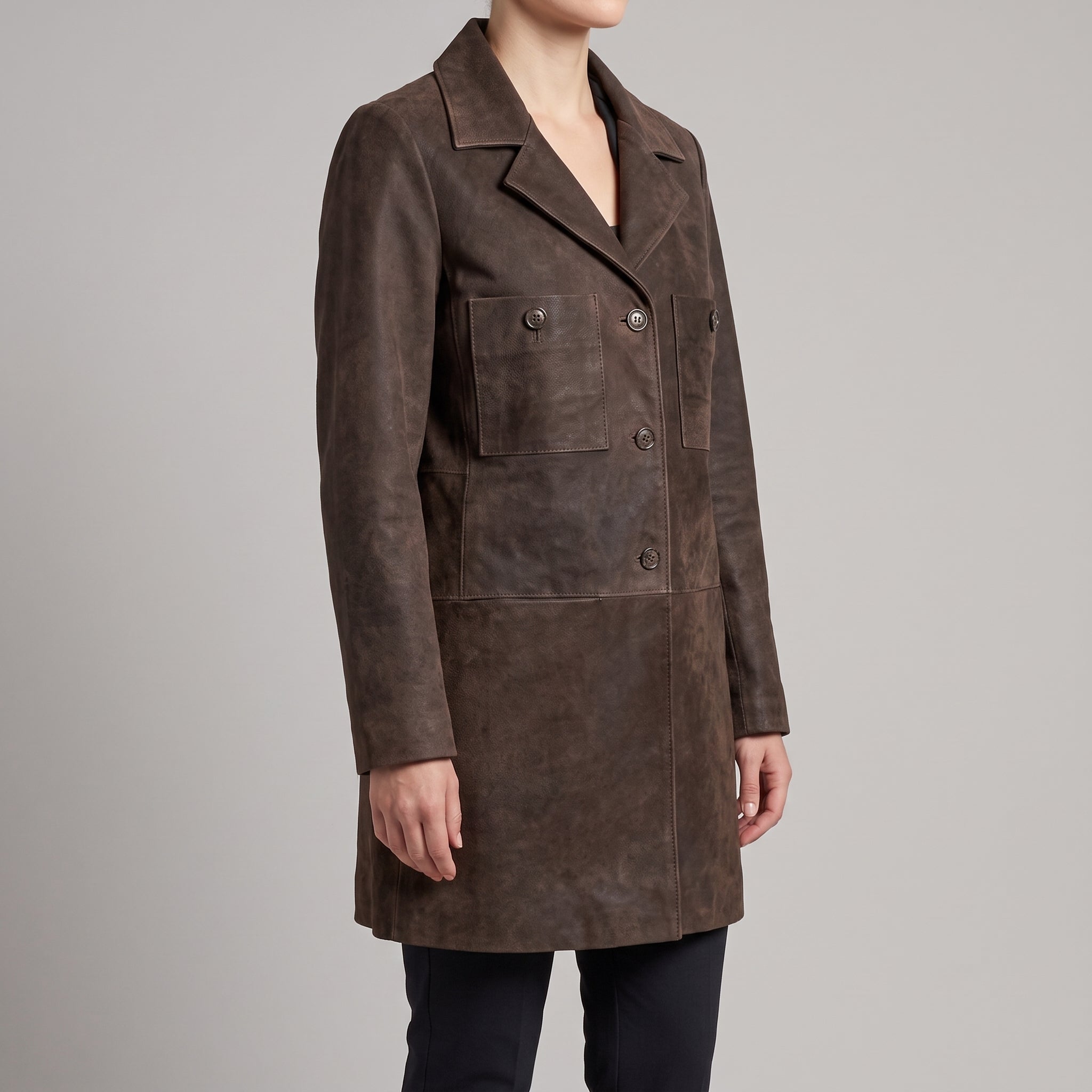 Brown Suede Longline Coat - Women's Notch-Lapel Button Coat