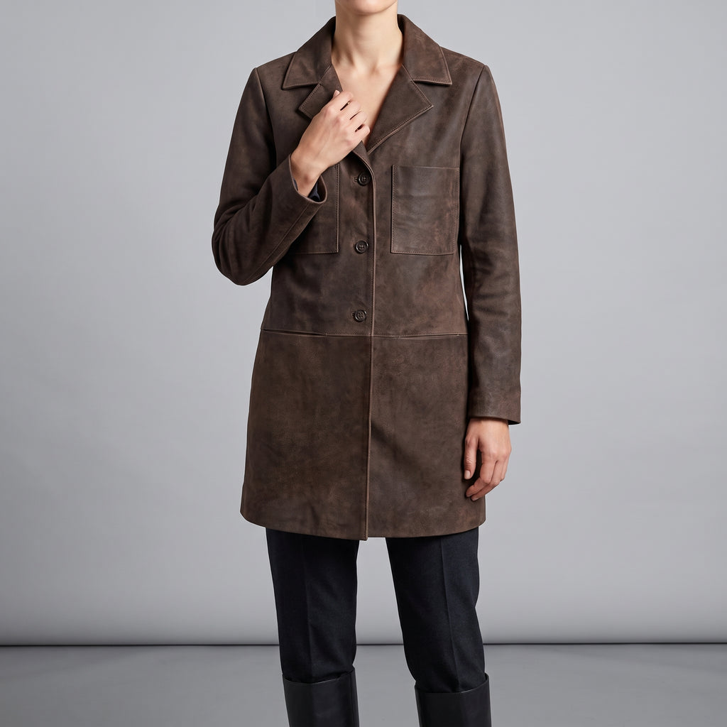 Brown Suede Longline Coat - Women's Notch-Lapel Button Coat