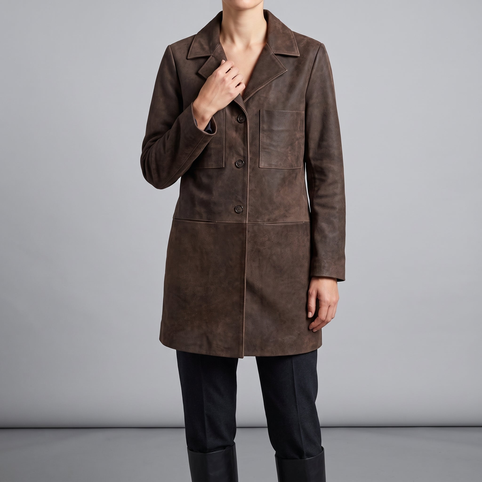 Brown Suede Longline Coat - Women's Notch-Lapel Button Coat