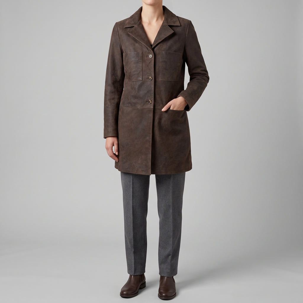 Brown Suede Longline Coat - Women's Notch-Lapel Button Coat