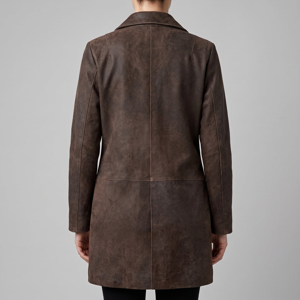 Brown Suede Longline Coat - Women's Notch-Lapel Button Coat