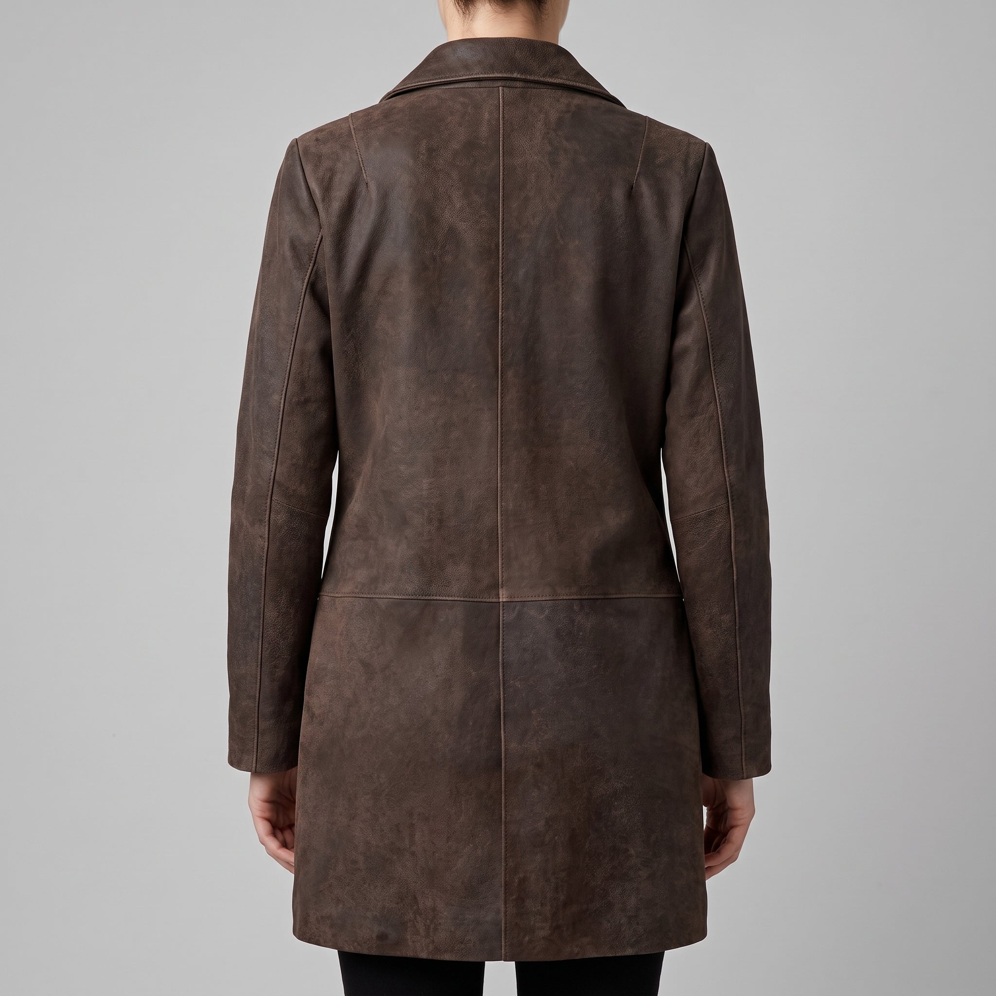 Brown Suede Longline Coat - Women's Notch-Lapel Button Coat