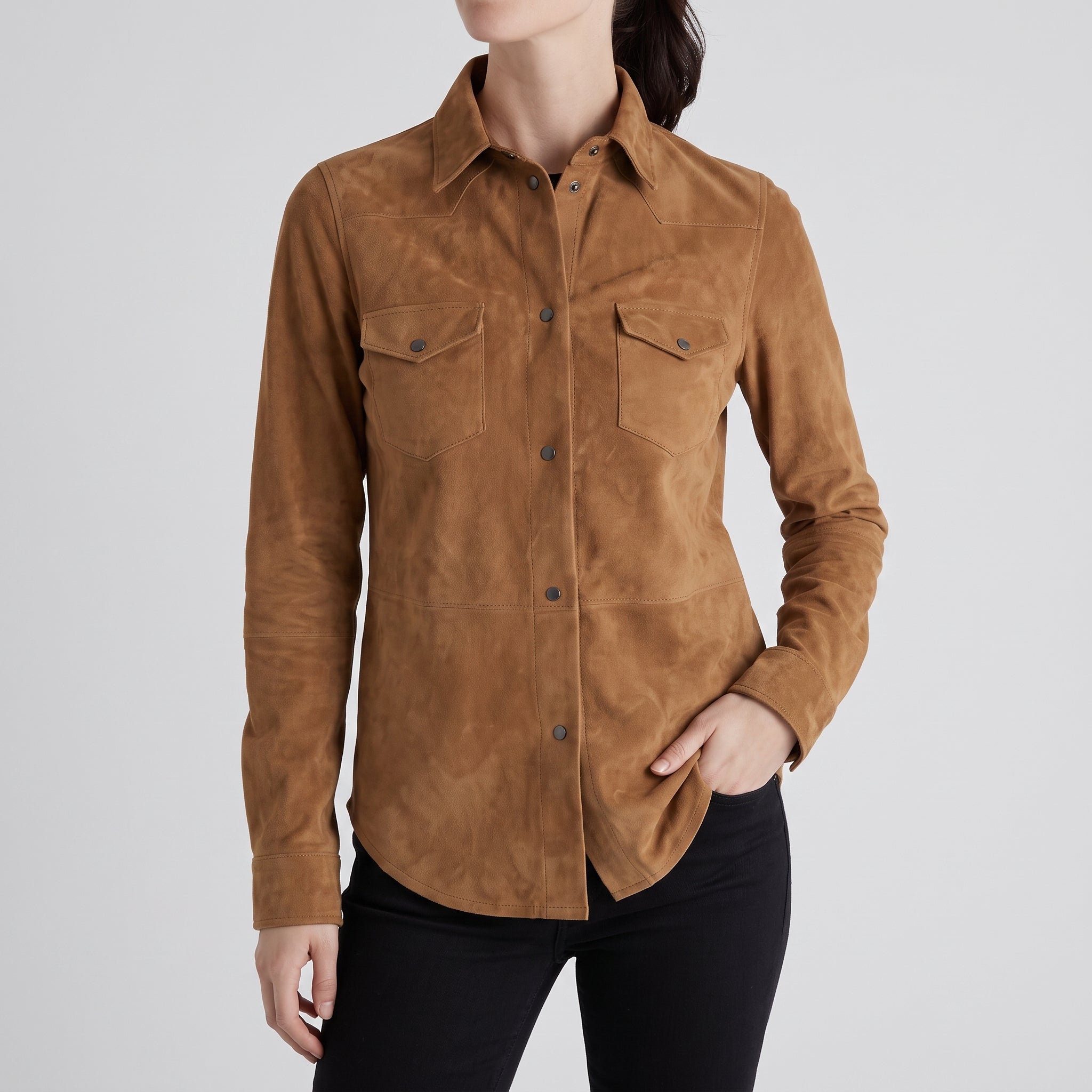 Tan Suede Western Shirt Jacket — Women's Snap-Front Leather Overshirt