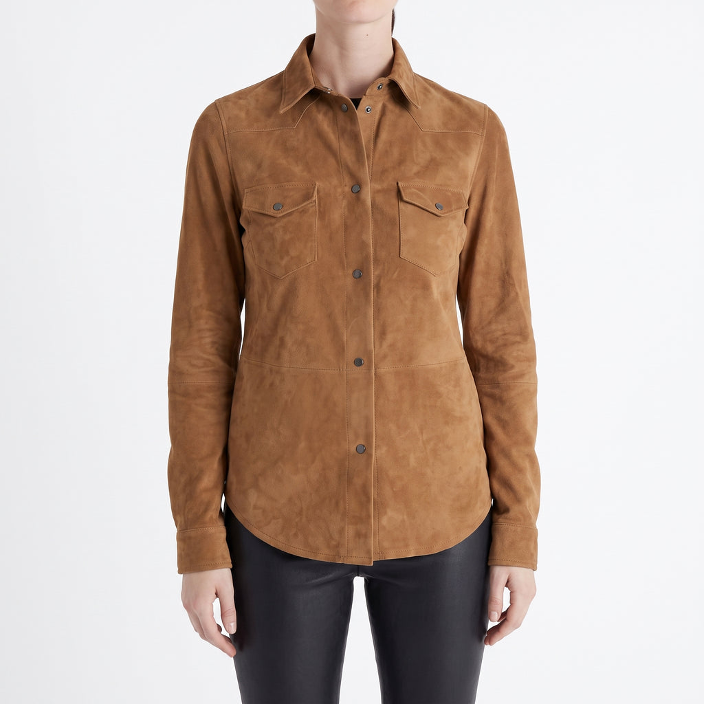 Tan Suede Western Shirt Jacket — Women's Snap-Front Leather Overshirt