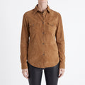 Tan Suede Western Shirt Jacket — Women's Snap-Front Leather Overshirt