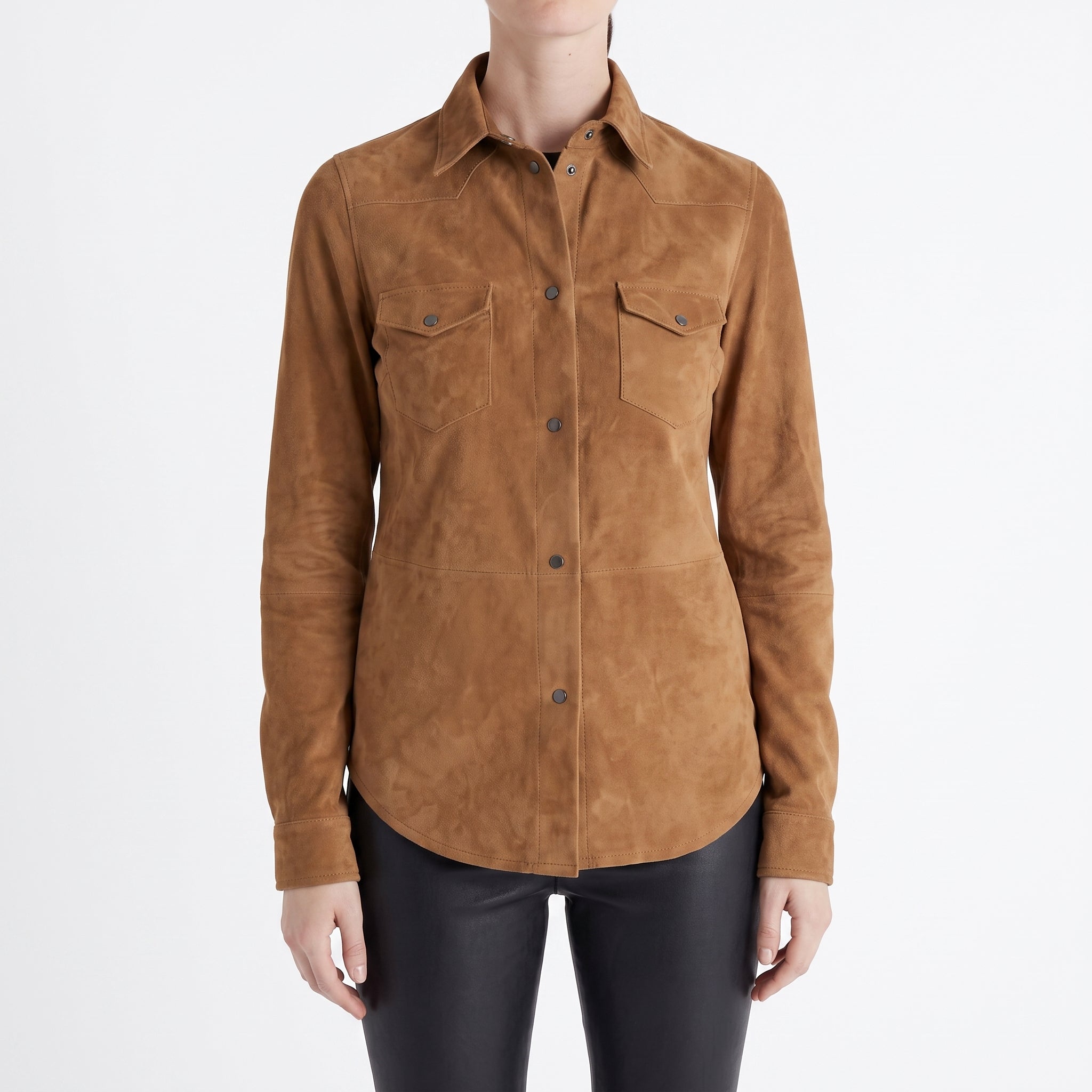 Tan Suede Western Shirt Jacket — Women's Snap-Front Leather Overshirt