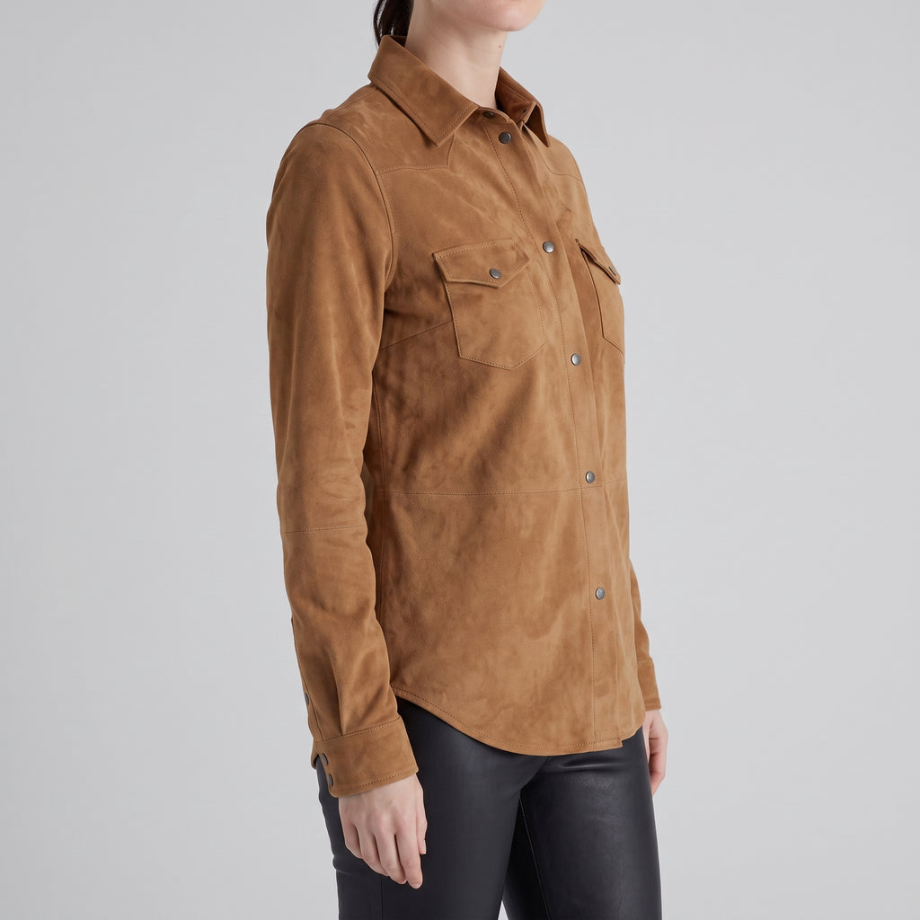 Tan Suede Western Shirt Jacket — Women's Snap-Front Leather Overshirt