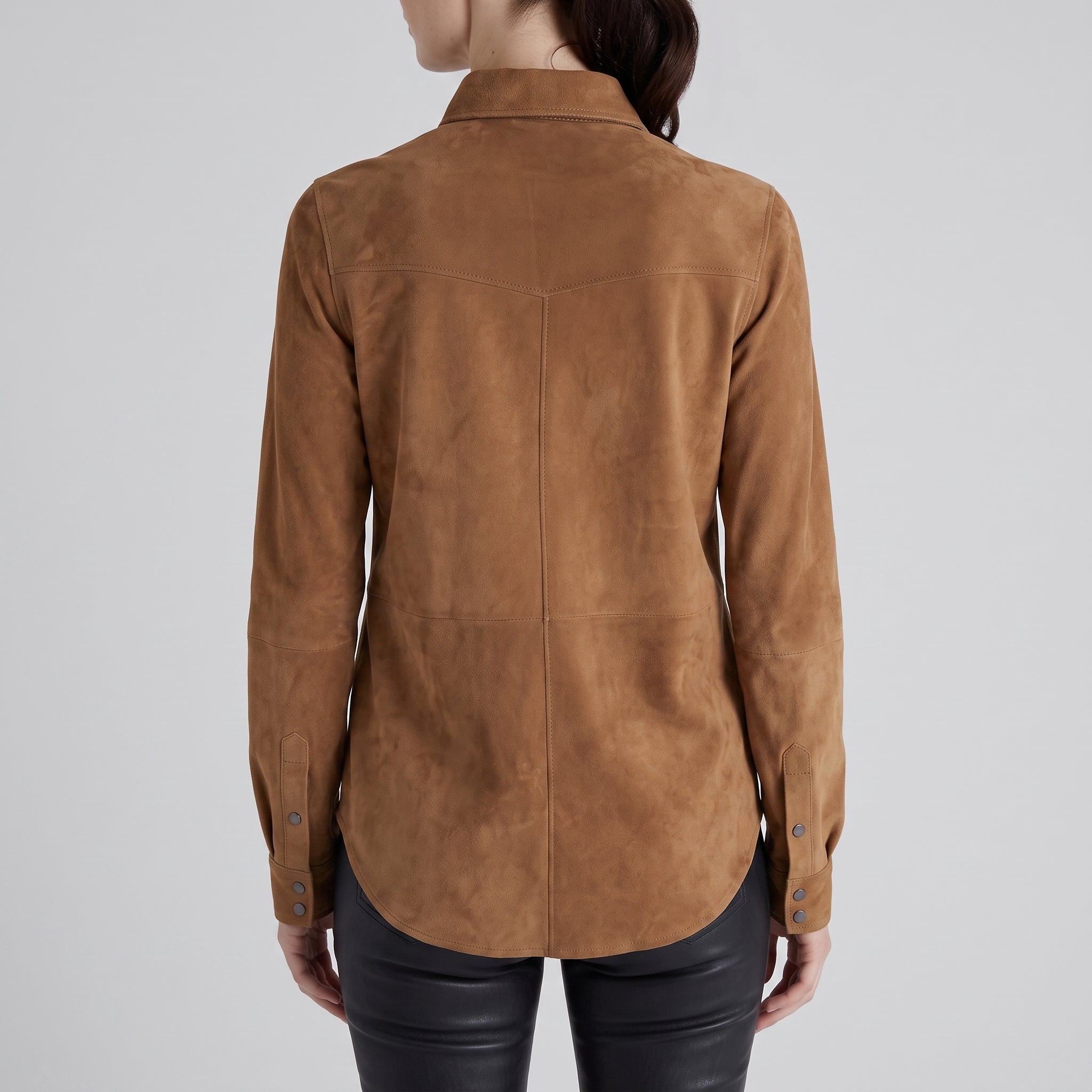 Tan Suede Western Shirt Jacket — Women's Snap-Front Leather Overshirt