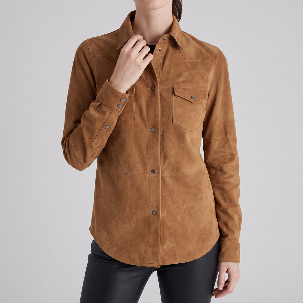Tan Suede Western Shirt Jacket — Women's Snap-Front Leather Overshirt