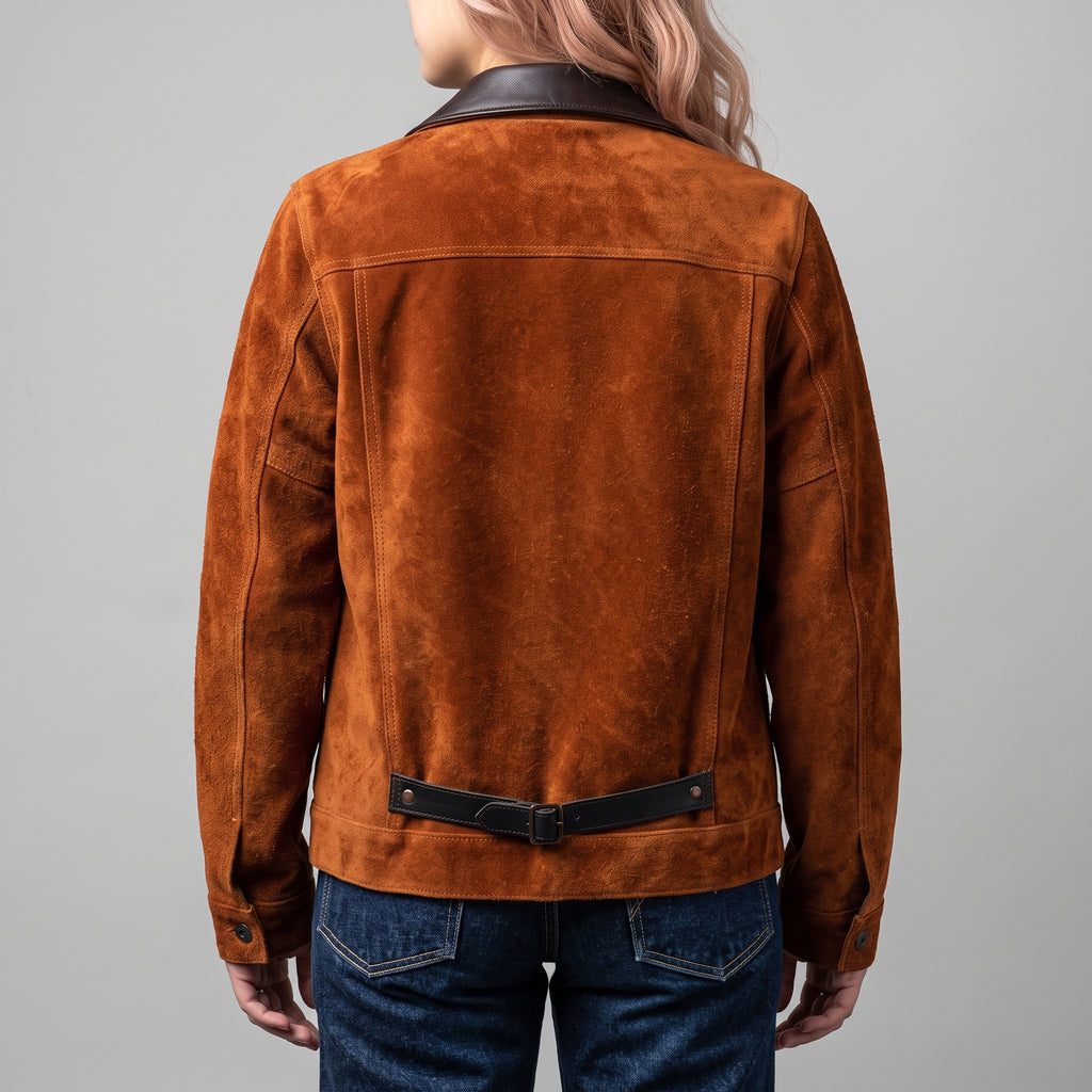 Brown Suede Trucker Jacket — Women's Contrast-Collar Leather Jacket