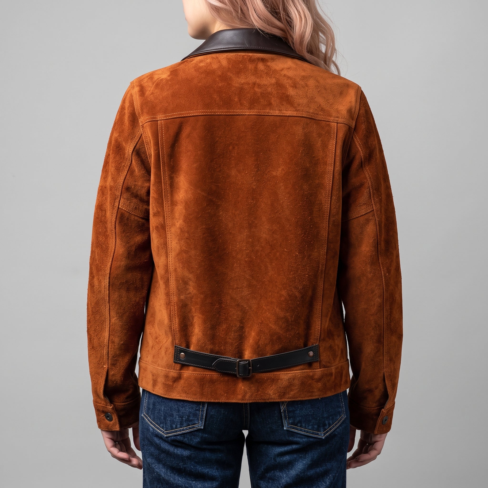 Brown Suede Trucker Jacket — Women's Contrast-Collar Leather Jacket