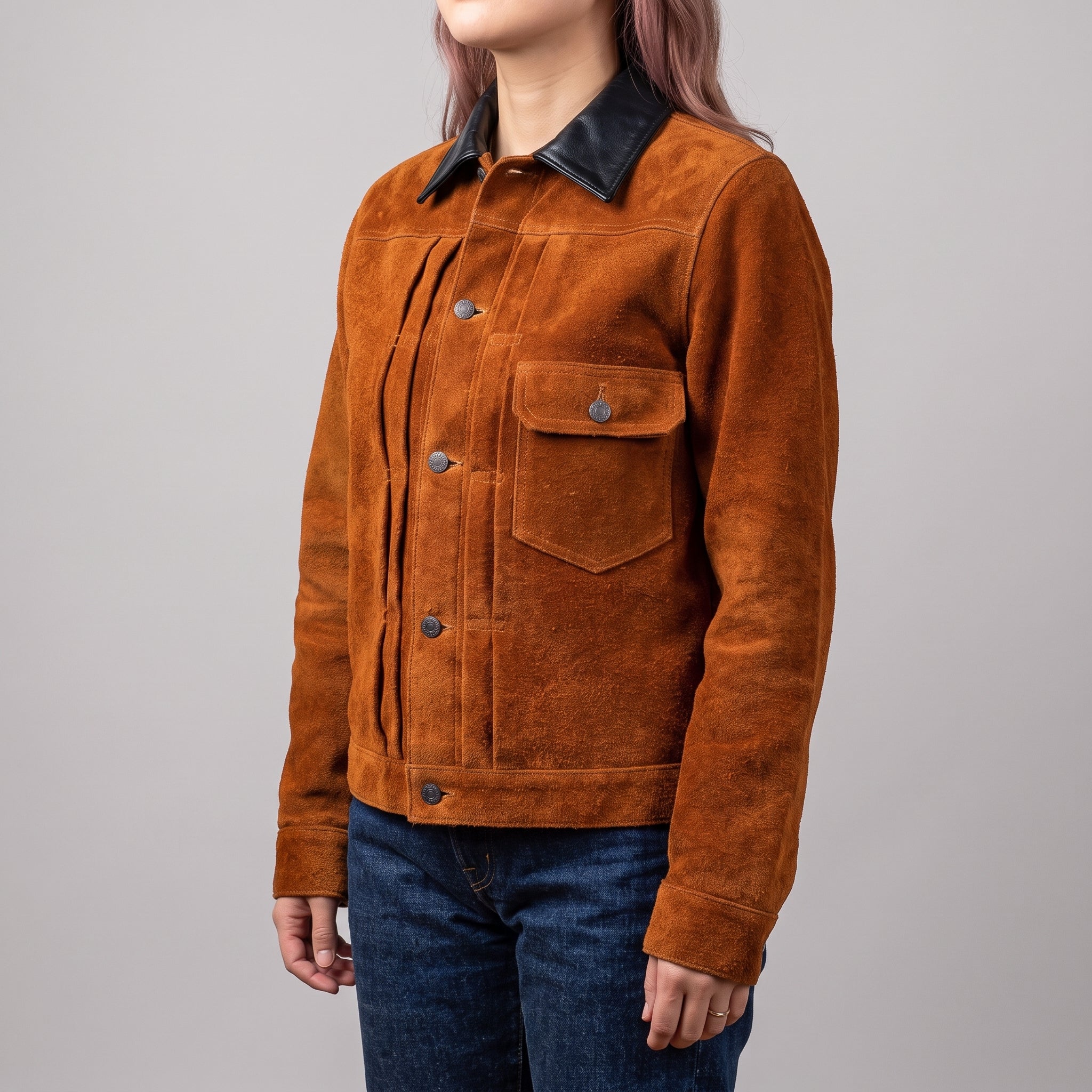 Brown Suede Trucker Jacket — Women's Contrast-Collar Leather Jacket