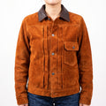 Brown Suede Trucker Jacket — Women's Contrast-Collar Leather Jacket