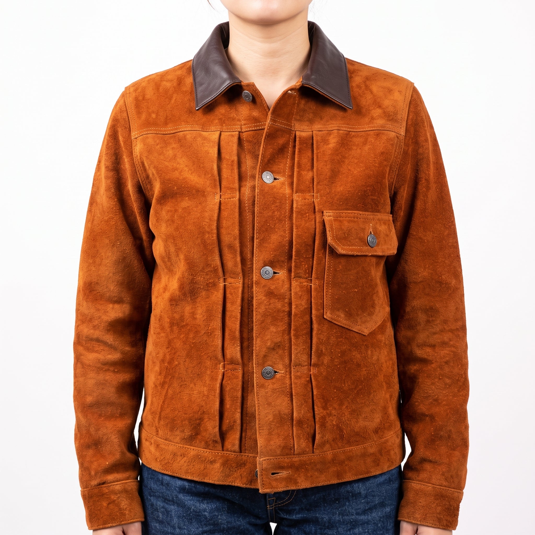 Brown Suede Trucker Jacket — Women's Contrast-Collar Leather Jacket