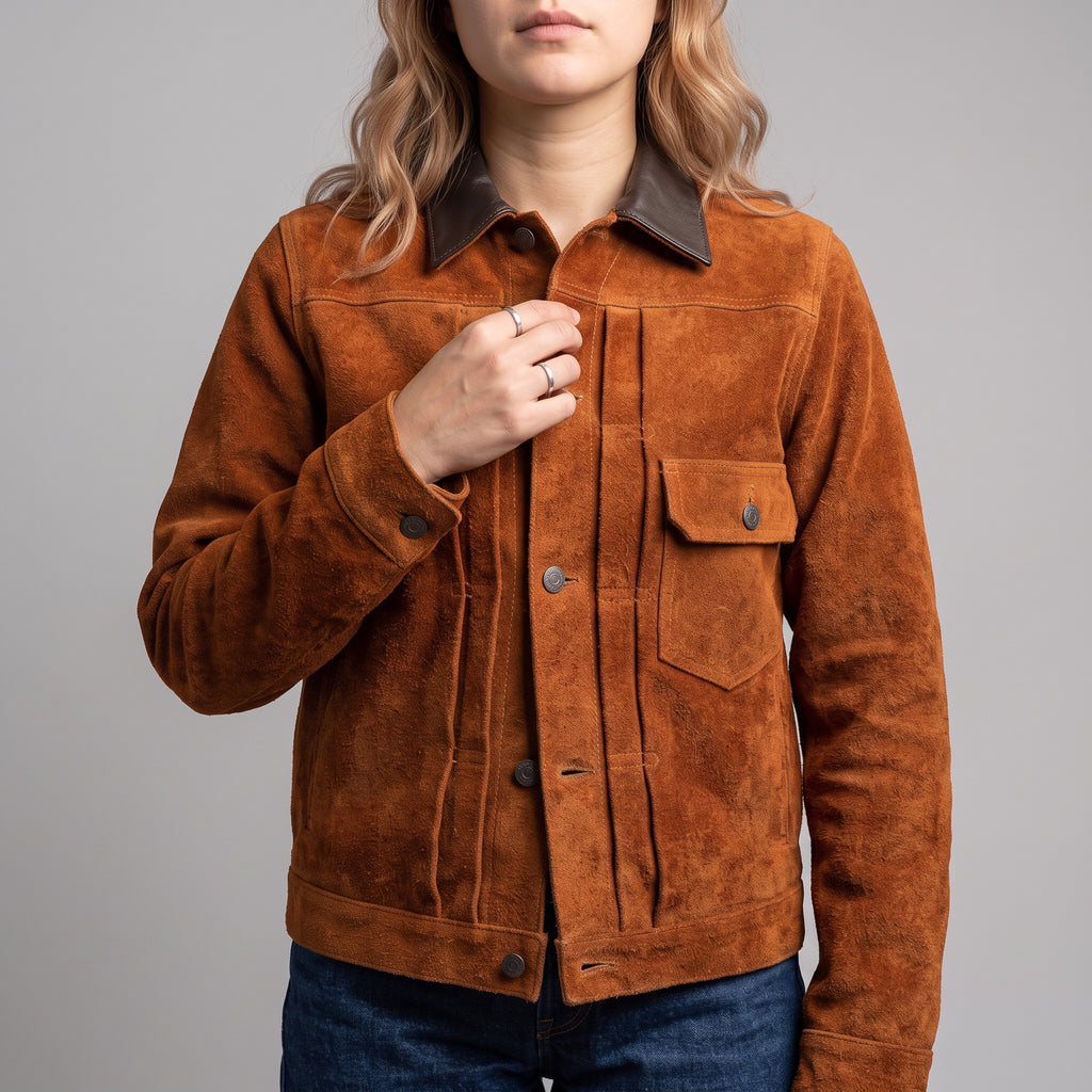 Brown Suede Trucker Jacket — Women's Contrast-Collar Leather Jacket
