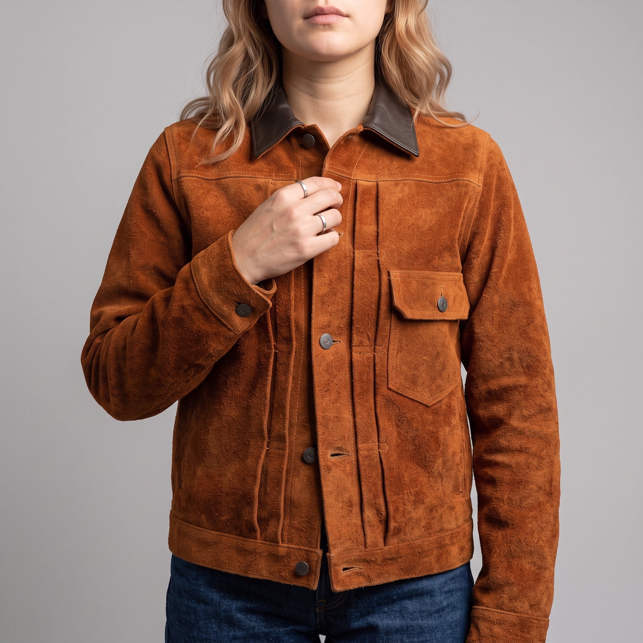 Brown Suede Trucker Jacket — Women's Contrast-Collar Leather Jacket