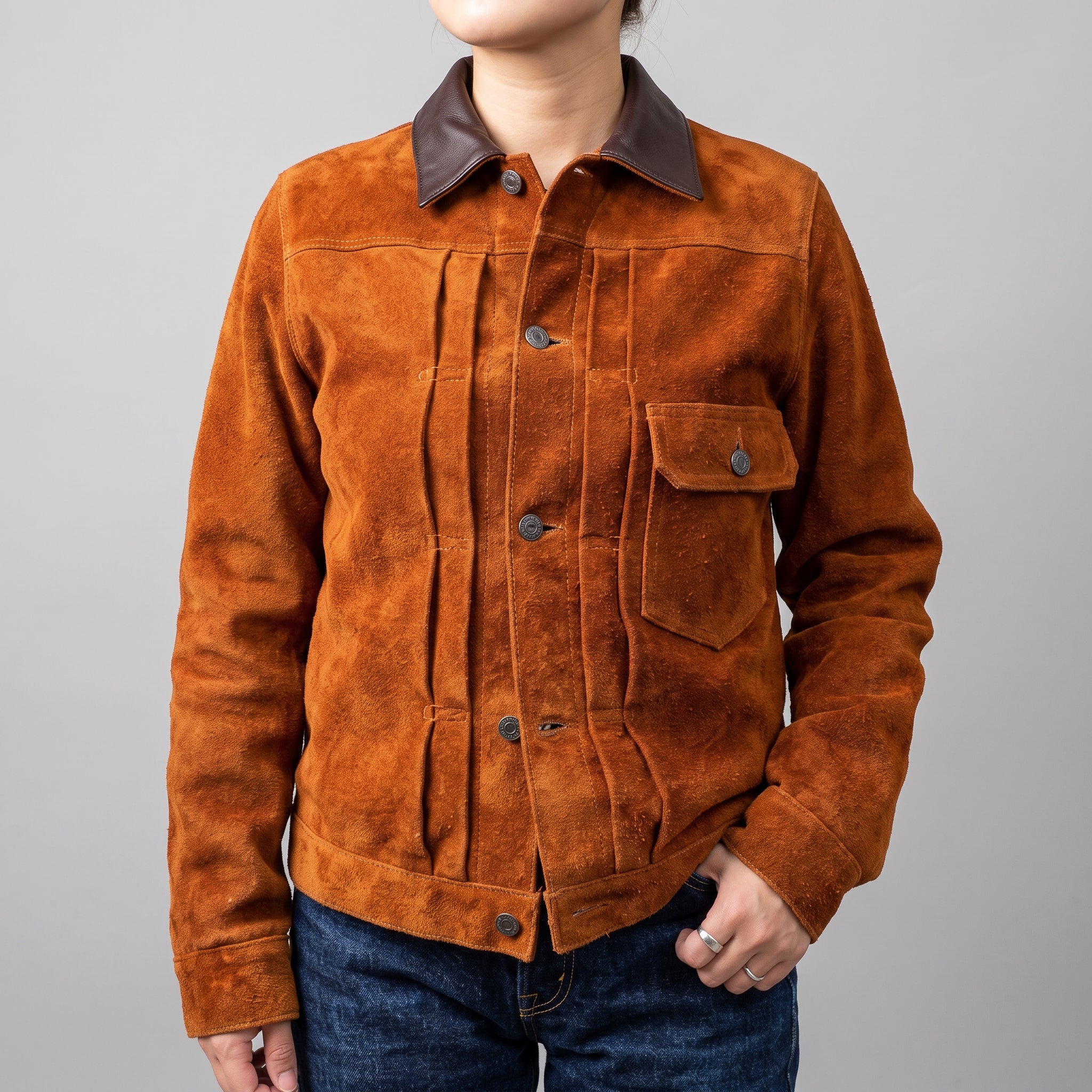 Brown Suede Trucker Jacket — Women's Contrast-Collar Leather Jacket