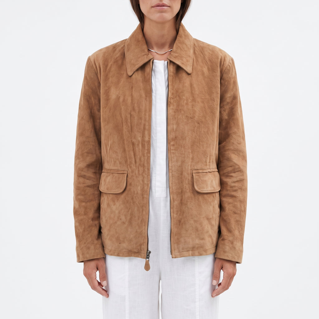 Camel Suede Zip-Front Jacket - Women's Minimal Point-Collar Jacket