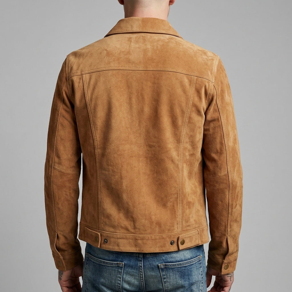 Men's Suede Trucker Jacket - Genuine Suede Jacket in Dark Brown & Tan