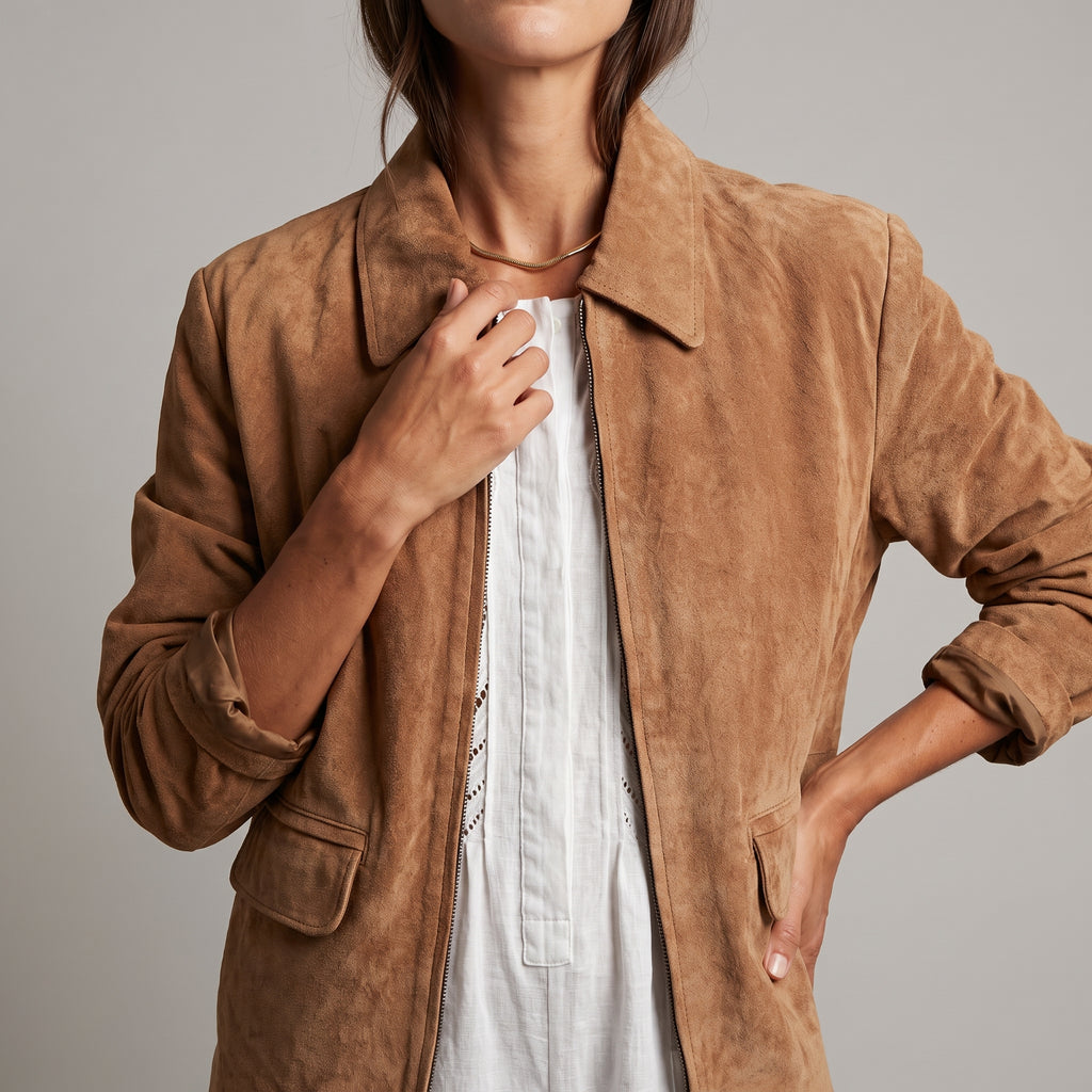 Camel Suede Zip-Front Jacket - Women's Minimal Point-Collar Jacket