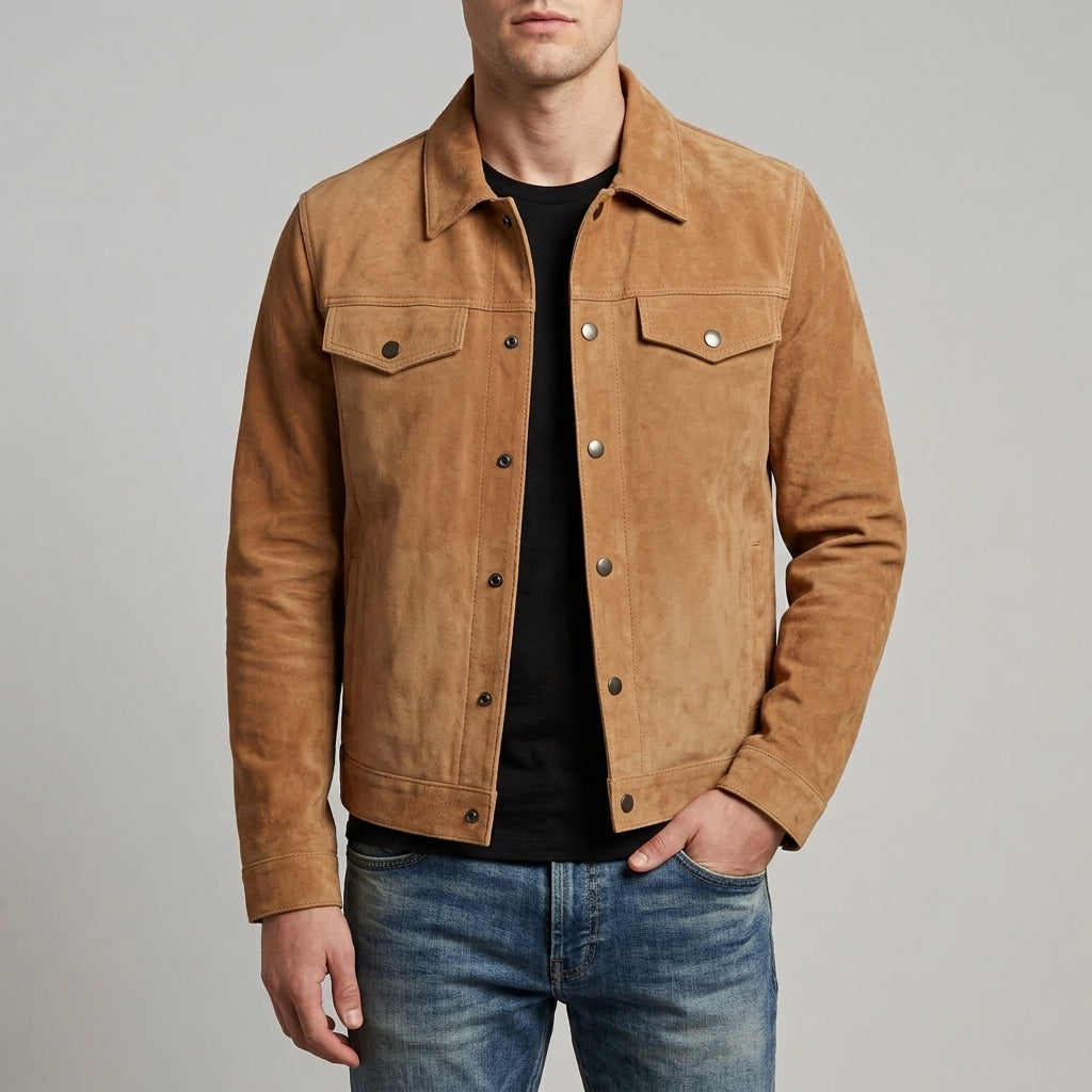 Men's Suede Trucker Jacket - Genuine Suede Jacket in Dark Brown & Tan
