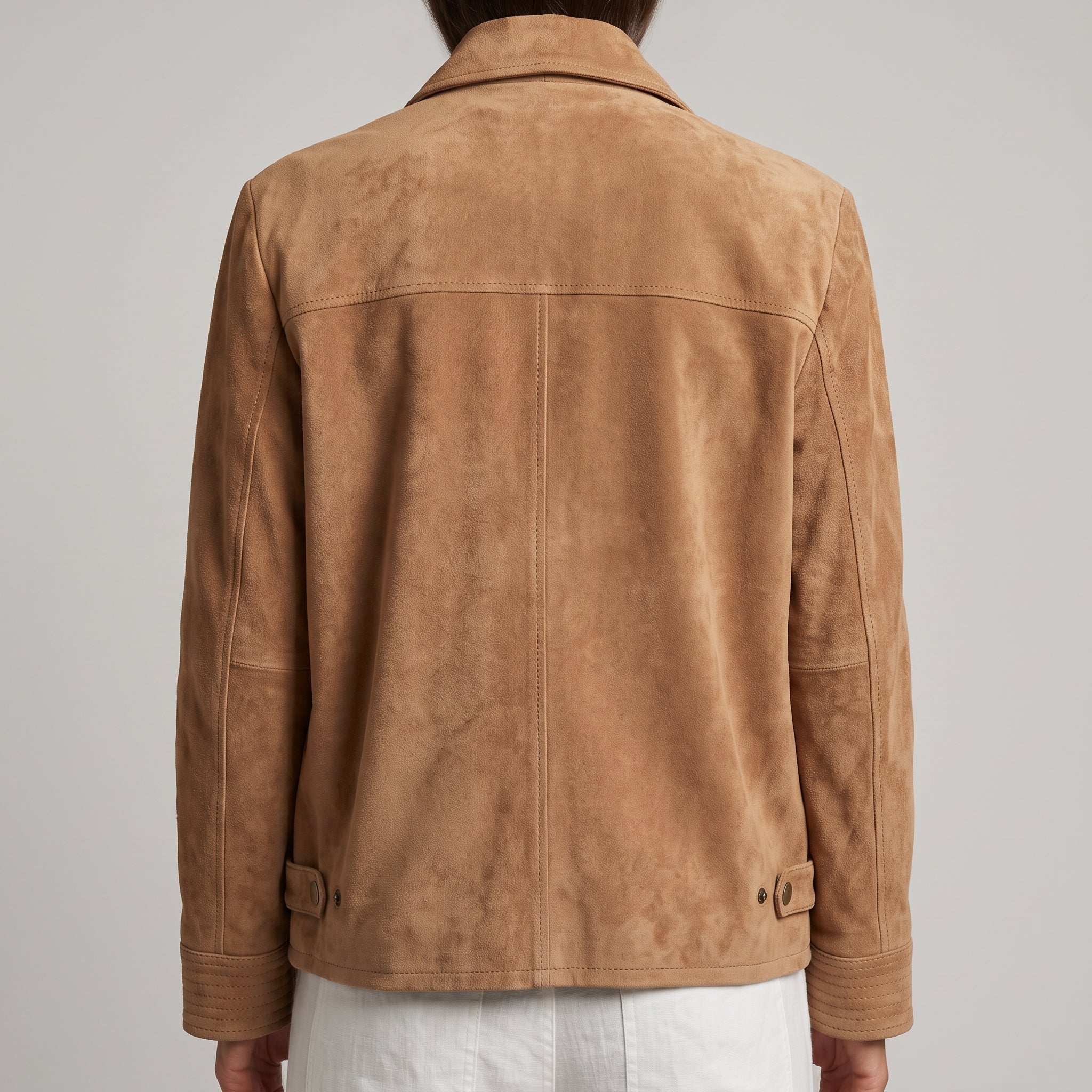 Camel Suede Zip-Front Jacket - Women's Minimal Point-Collar Jacket