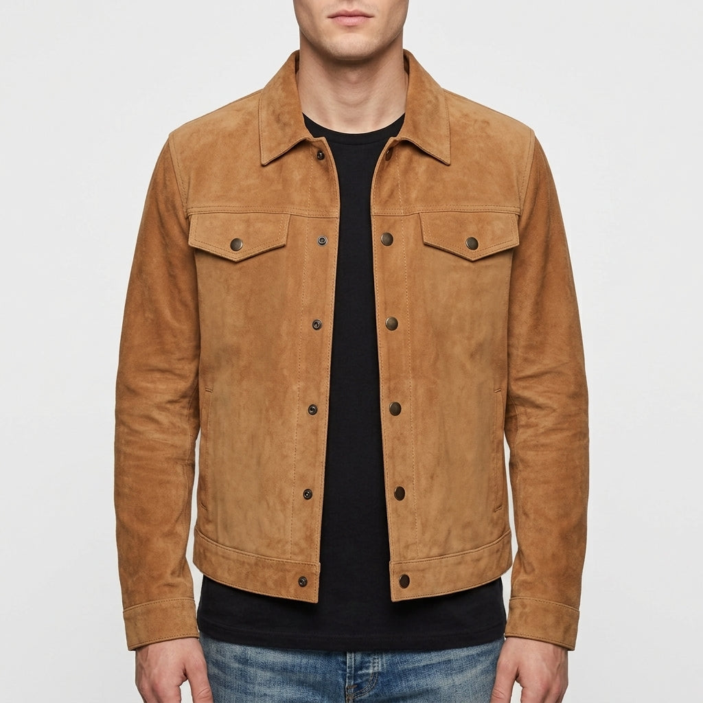 Men's Suede Trucker Jacket - Genuine Suede Jacket in Dark Brown & Tan