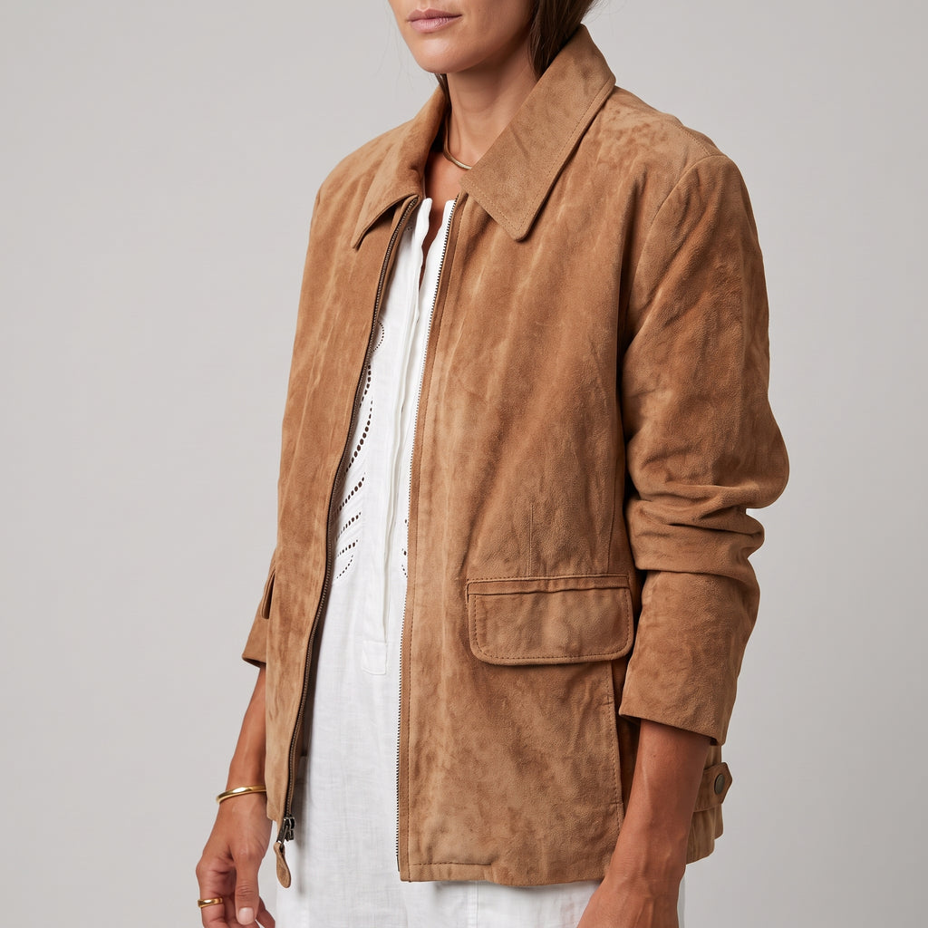Camel Suede Zip-Front Jacket - Women's Minimal Point-Collar Jacket